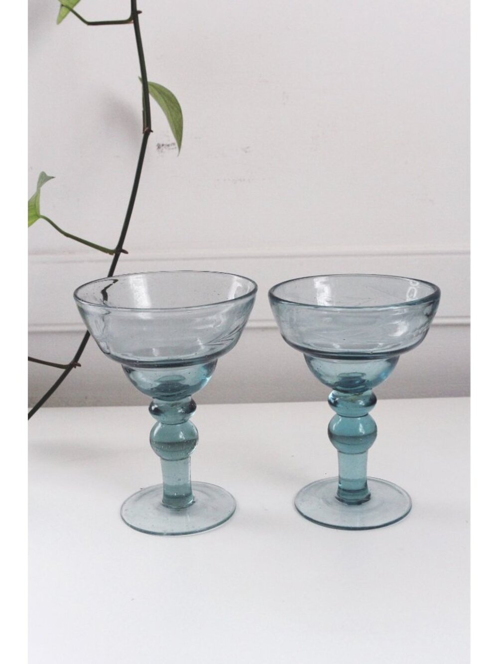 Vintage Blue Margarita Glasses Goblets Ball Bubble Stem Floral Etching - Set Of